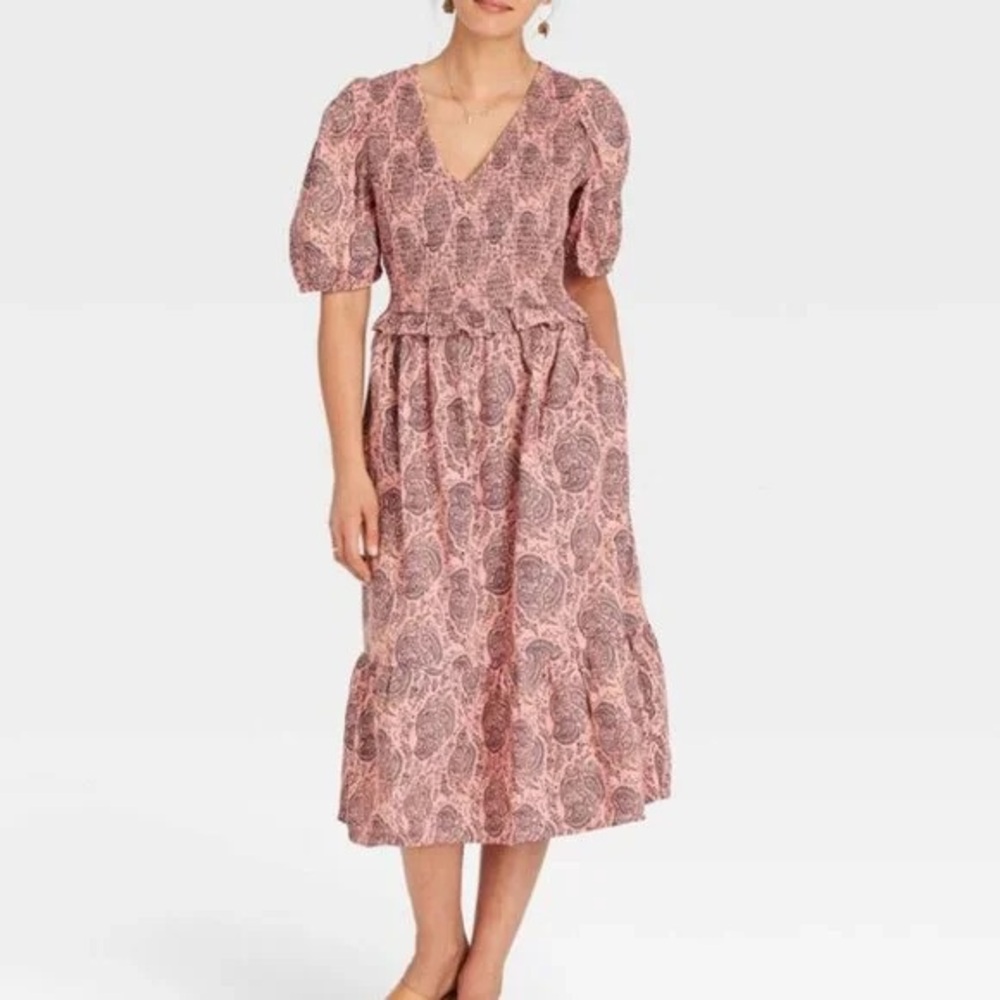 Women’s Universal Thread Pink Paisley Puff Sleeve Shirred Top Cottagecore Dress